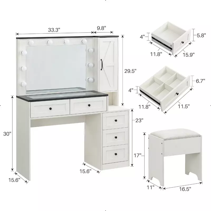 Meja rias 43 "W dengan lampu cermin dan laci untuk rias putih furnitur untuk ruang furnitur lemari udara cahaya