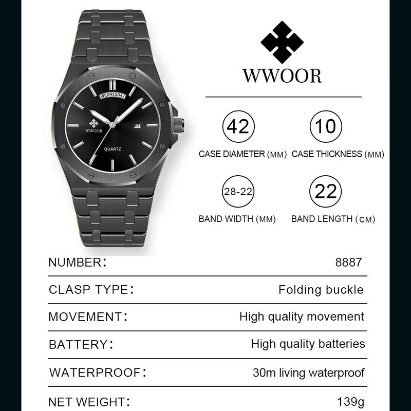 WWOOR-Montre-bracelet à quartz étanche pour homme, montres de sport pour homme, marque supérieure, luxe, mode militaire, semaine, date, nouvelles zones
