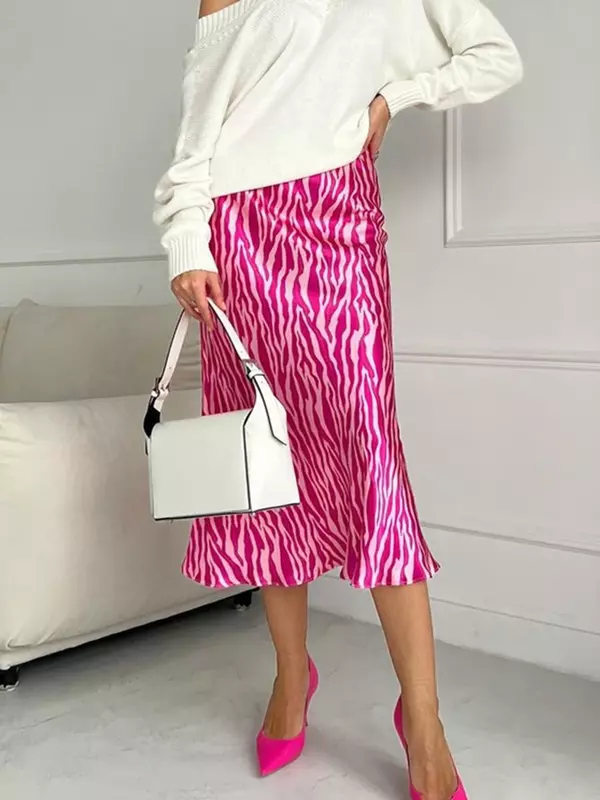 2024 letnie jesienne damskie eleganckie satynowe spódnice Midi z nadrukiem z wysokim stanem biurowa, damska szczupła spódnica ołówkowe Bodycon dla kobiet