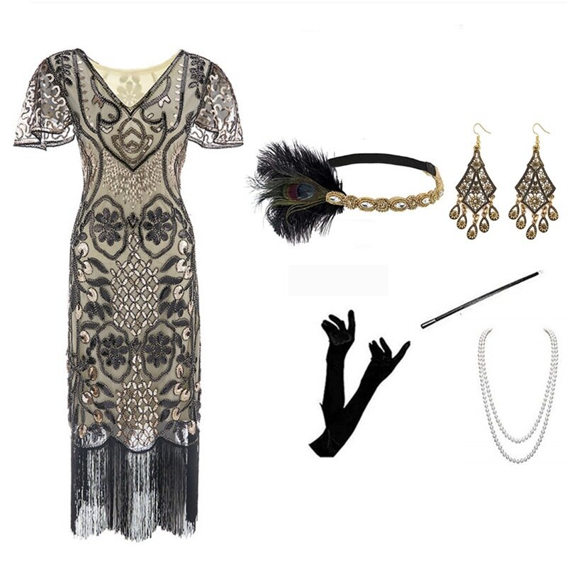Gaun Vintage wanita, gaun pesta Prom, gaun malam Gatsby, kostum berpayet, lengan pendek 1920