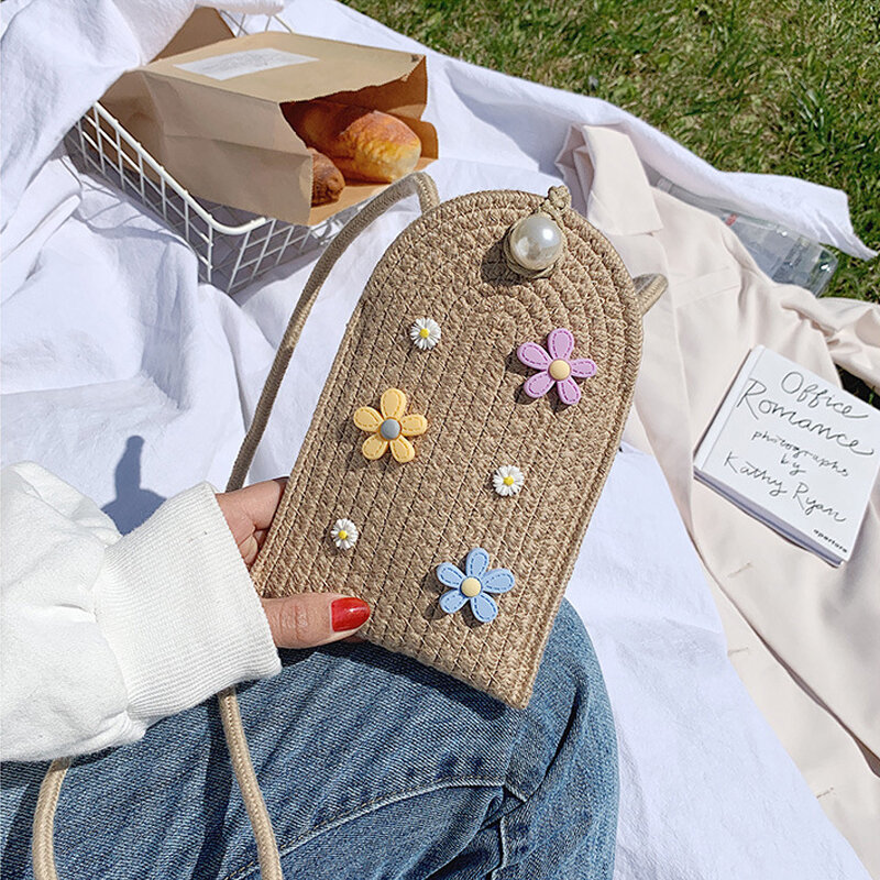 2022 novo saco de tecido de palha das mulheres flores tecido saco de telefone móvel mori menina crossbody bolsa de ombro floral mini mensageiro sacos