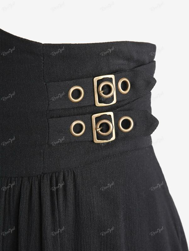 ROSEGAL rok wanita Gotik ukuran Plus rok tali hitam gesper Grommet Rivet berlapis Ruched panjang sepergelangan kaki rok garis A kebesaran