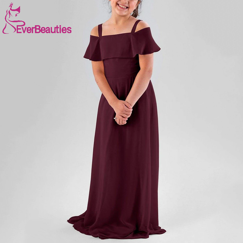 Suknie dla małych druhen sukienki szyfonowe dla dziewczynek dziecko toga studencka Off ramię Vestido Madrinha De Casamento Longo