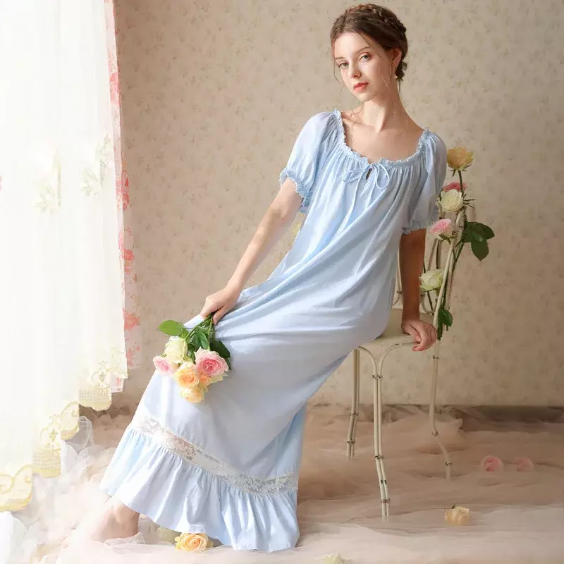 Victorian-vestido de noite vintage de algodão feminino, roupão longo, pijamas de princesa, camisolas de verão e outono