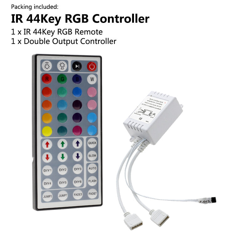 Controle remoto para luzes de tira LED, IR, RGB Controller Box, 1 a 2 Controller, IR Remote, DC12V, 3528, 5050, 44 Chaves