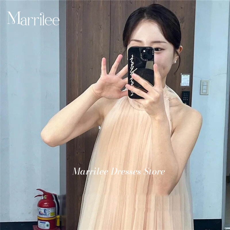 Eenvoudige Blush Roze Tule Avondjurken Voor Fotoshoot Huwelijksfeest Hoge Hals Galajurk Korea Vestidos Womens Jurk 2024