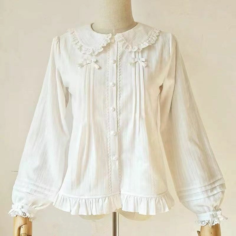 Camisa Lolita de algodão monocromático dentro com gola, laço, manga comprida, luxuoso, grosso, doce, branco