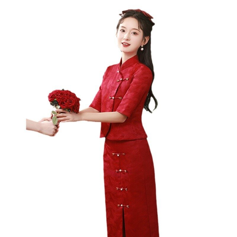 Женское жаккардовое платье-Ципао Xiuhe, элегантный жаккардовый Свадебный комплект в китайском стиле, длинное винтажное платье для невесты