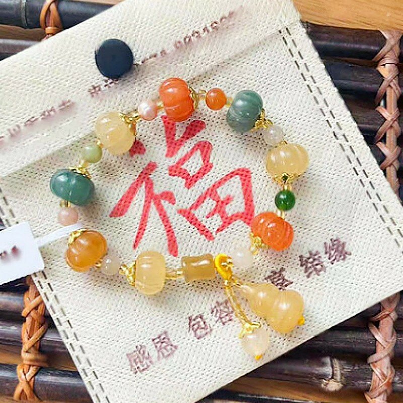 Candi Xiangji manik-manik giok Sutra emas, gaya sama dengan tangan warna alami giok banyak harta karun rantai tangan Hangzhou hadiah doa
