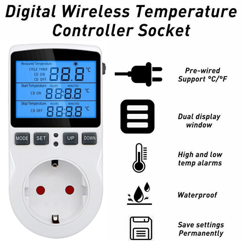 Catu listrik alat pengontrol suhu, termostat Steckdose Temperaturschalter EU Stecker Digital