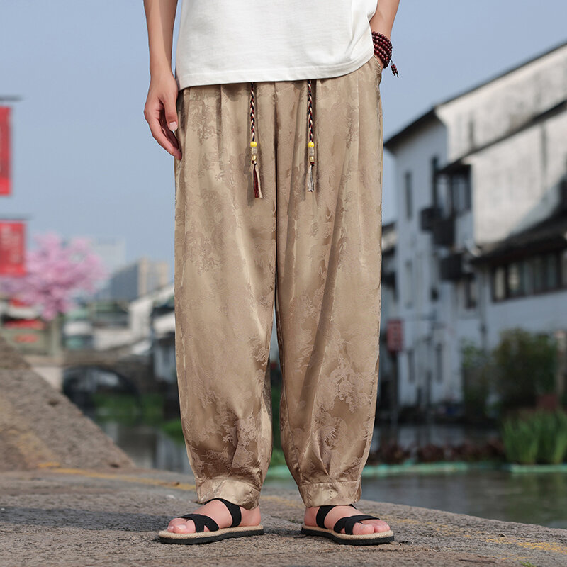 Pantalones de pierna ancha para hombre, ropa de calle informal Haren, pantalones de chándal Vintage de cintura elástica, talla grande 5XL, primavera y verano