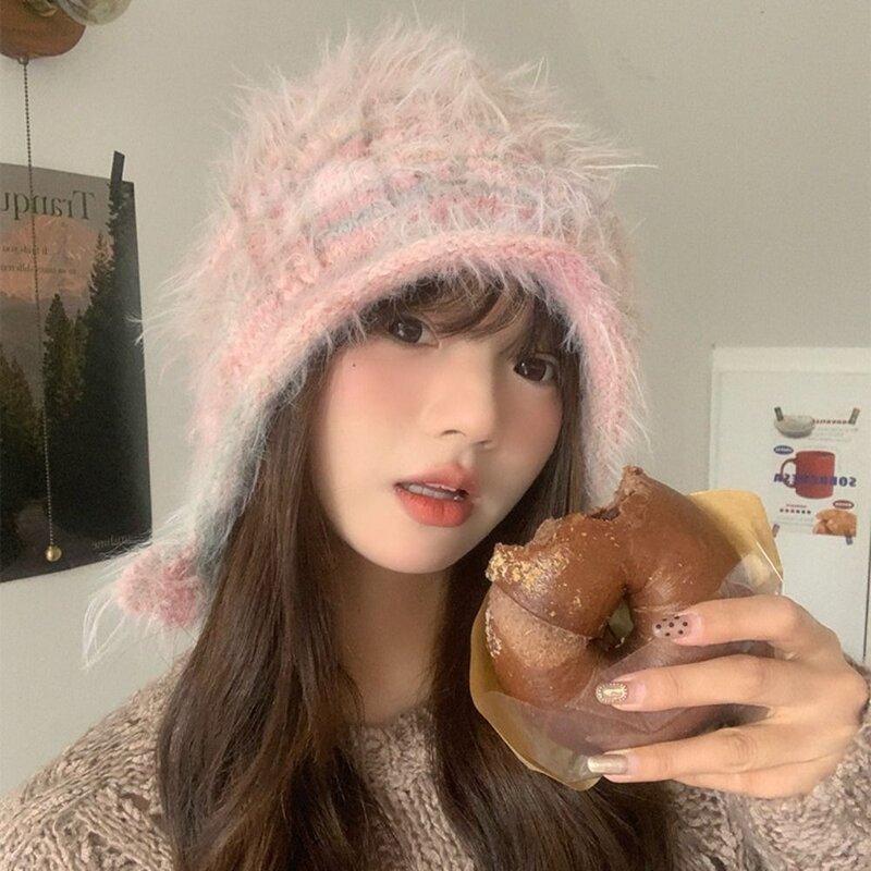 Multicolor Plush Hat Pullover Sweet Fluffy Ear Protection Hat Soft Knitted Woolen Beanies Women