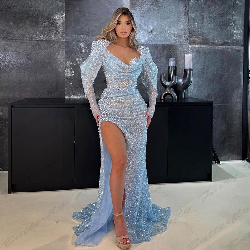 Luxury Women's Long sleeved Evening Gowns Elegant Lace Mermaid Sexy Test Split Princess Prom Dresses Formal Fashion Celebrity De
