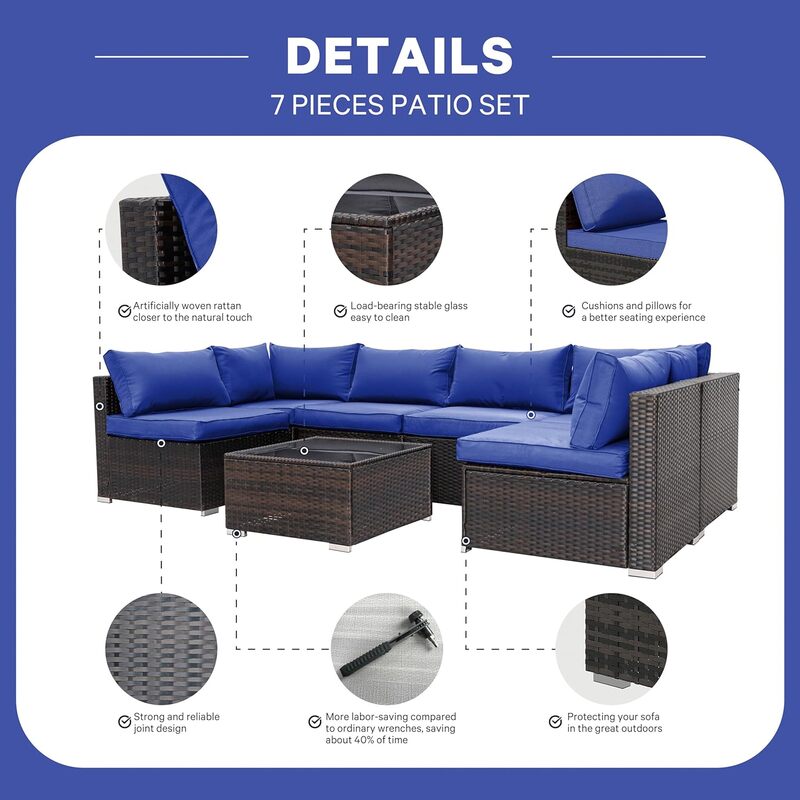 7 Pieces Patio Furniture Set - Outdoor Sectional Wicker Rattan Furniture with Cushion and Glass Table Patio Conversation Sets