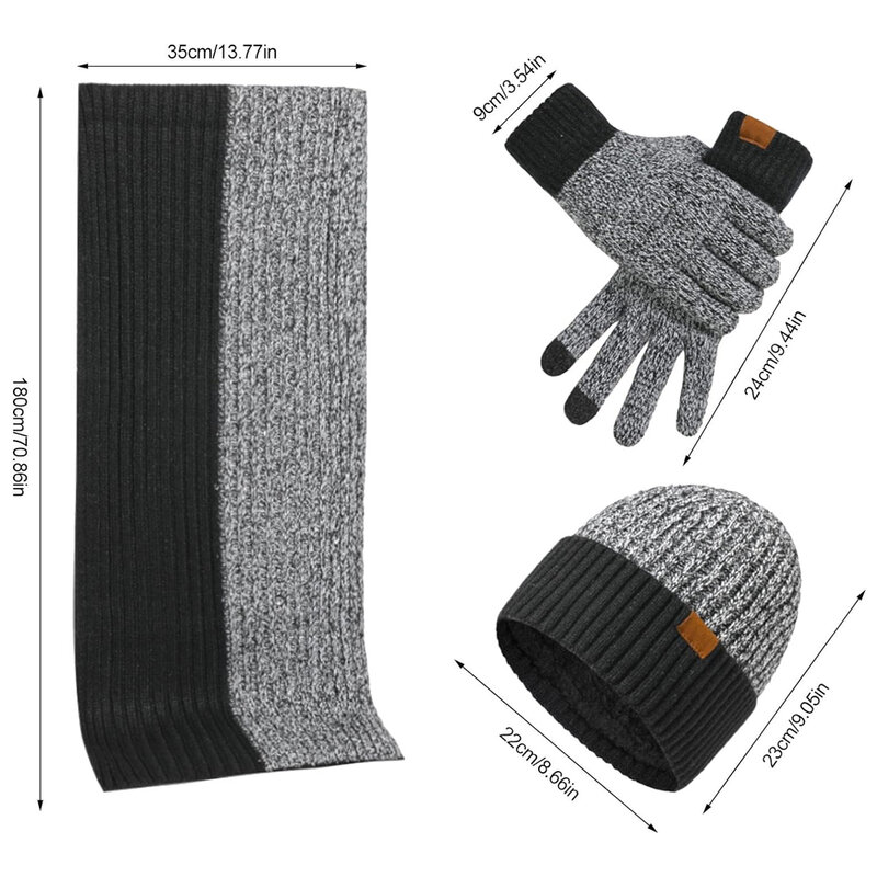 Теплые вязаные мужские шапка и облегающие перчатки в комплекте с перчатками для сенсорного экрана зимние плотные флисовые подкладки на шею гетры шапка перчатки