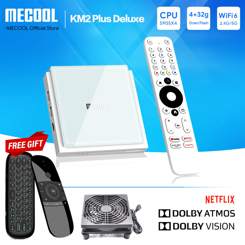 MECOOL KM2 플러스 디럭스 안드로이드 TV 박스, 넷플릭스 4K 인증, 돌비 애트모스, 돌비 비전 4 + 32G, 와이파이 6, 1000M LAN 포트 미디어 플레이어