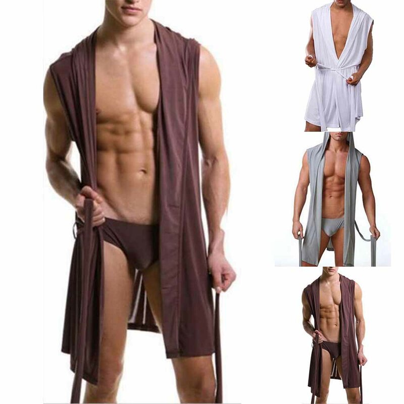 Men's Bathrobes Sleeveless Hooded Robes Men Sexy Pajamas Sleepwear Icy Silky Lingerie Erotic Robe Sets Bath Robe With Briefs
