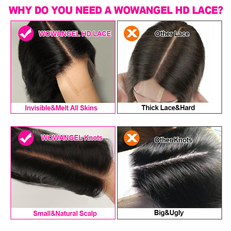 WOWANGEL-Cheveux vierges raides pré-épilés pour femmes, raie profonde, HD, fermeture en dentelle, Frmetals, ne fondent que la peau, cheveux raides, Kim K, 2x6