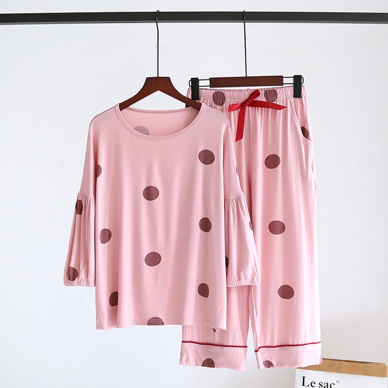 Homewear Frauen Dreiviertel ärmel waden lange Hosen Anzug gedruckt Polka Dot Modal Pullover Sommer dünne Stretch-Anzug 3/4 Pyjama