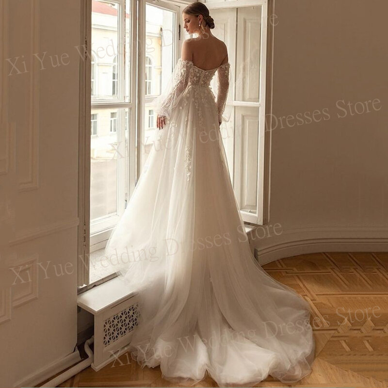 Gaun pernikahan baru Vintage Modern 2024 gaun pengantin punggung terbuka applique renda A-Line Sweetheart gaun pengantin lengan panjang Puff putri