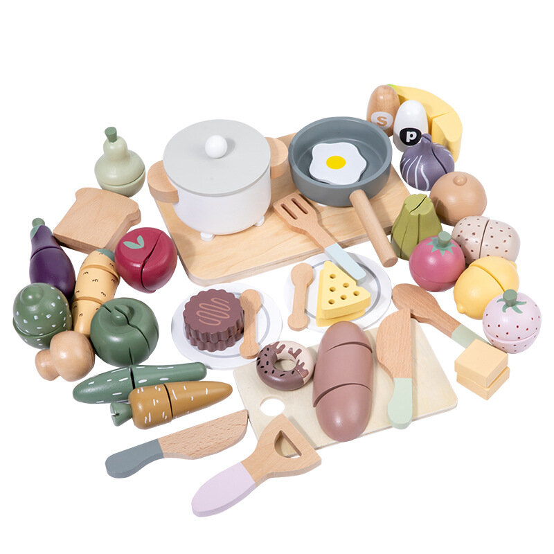 Фрукты, овощи, миниатюрные блюда, имитация детской кухонной утвари, предметы еды, Обучающие деревянные игрушки для детей