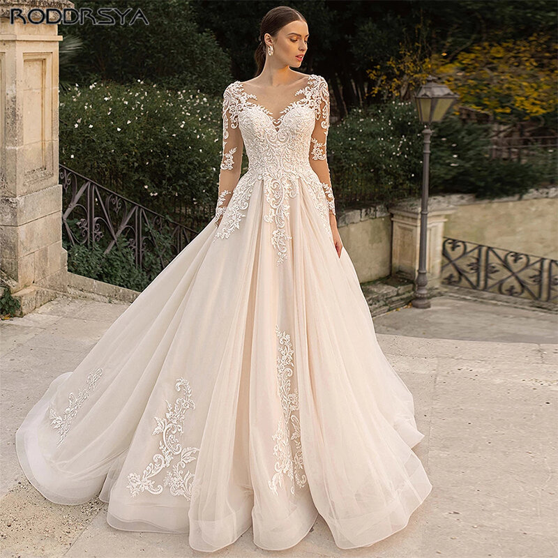 Платье свадебное кружевное ТРАПЕЦИЕВИДНОЕ с длинными рукавами и открытой спиной Платье для невесты без пряжек Appliques Vestido De Novia