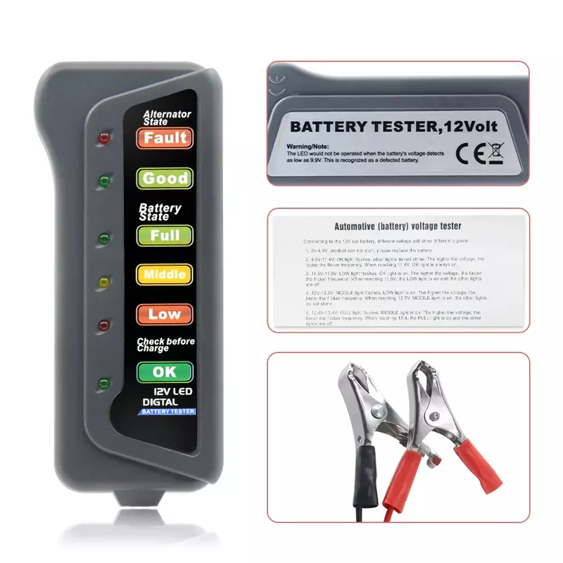 Tester Alternador de Bateria Digital com 6 Luzes LED Display, Tester Fluido de Freio para Carro 2023, 12V, Novo