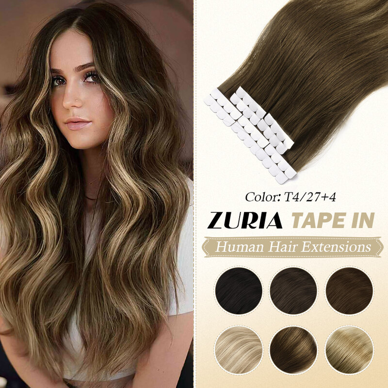 ZURIA 8Pcs Mini Tape In Hair Extensions Human Hair Balayage Hair Invisible Skin Weft Adhesive 100% Natural Real Wigs For Women