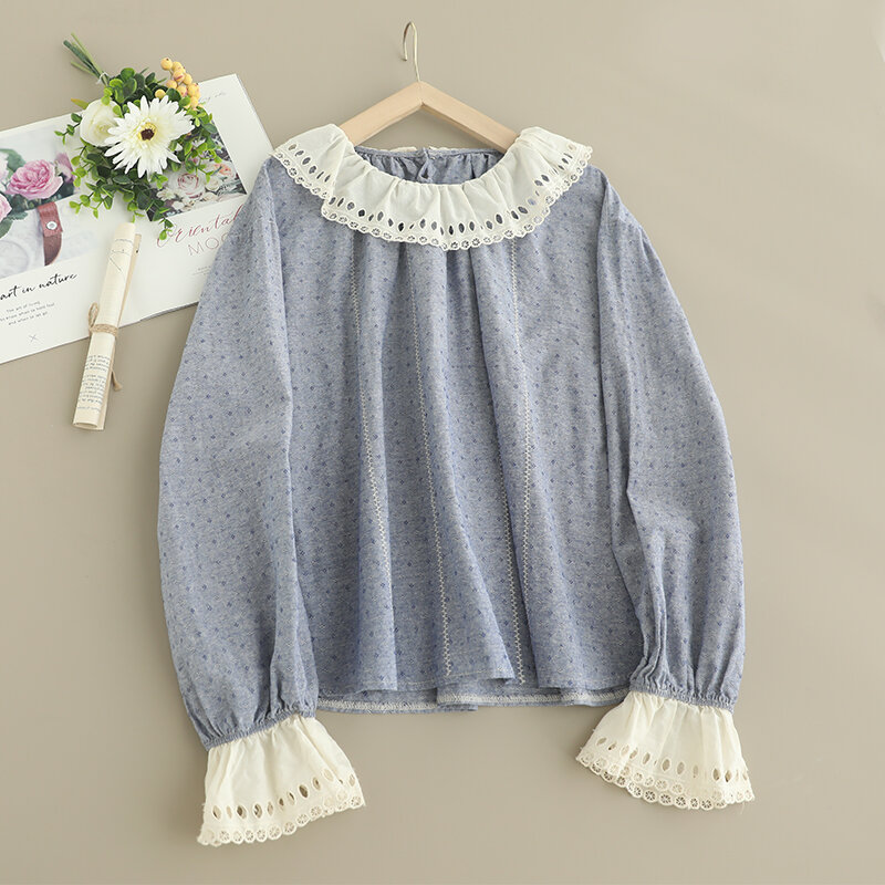 Spring Summer Sweet Round Neck Embroidered Top Women Long Sleeve Casual Tops 924-9