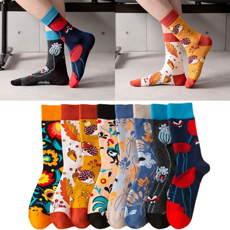 Calcetines de tubo medio con patrón de flores y pájaros para hombre, medias informales a la moda, talla grande, novedad
