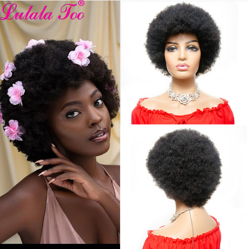 Yepei-peluca corta Afro para mujer, cabello humano brasileño Remy, sin pegamento, rizado, 150% de densidad, Color Natural