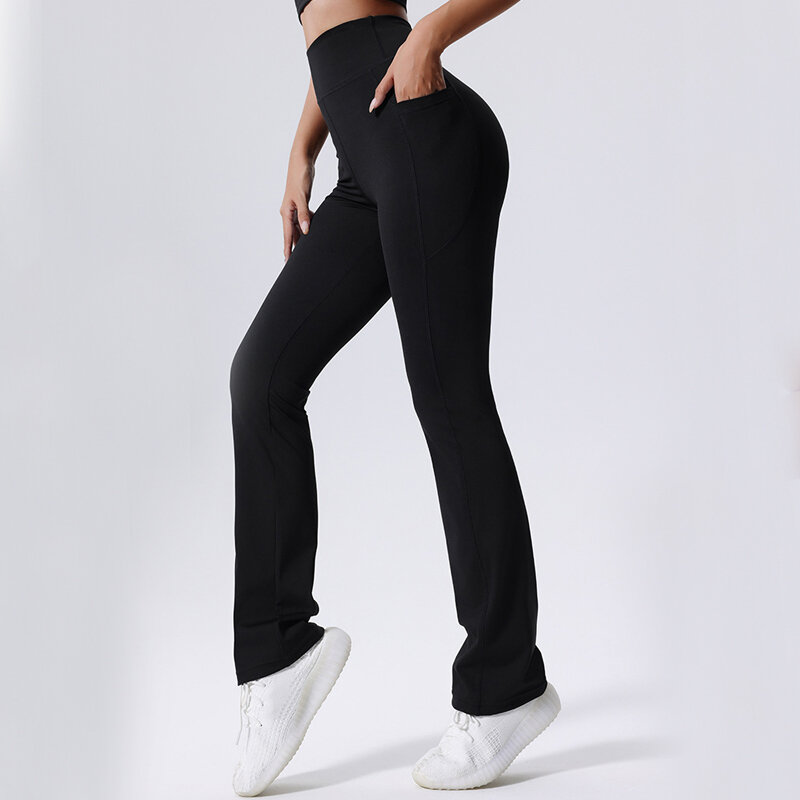 Women High Waist Yoga Pants Solid Color Side Pocket Flared Trousers Super Stretch Wide Leg Gym Pants Breathable Sportswear