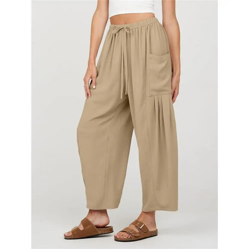 Celana panjang Capri kasual wanita, celana panjang Pastoral tali pinggang tinggi berlubang saku besar kaki lebar musim panas untuk wanita