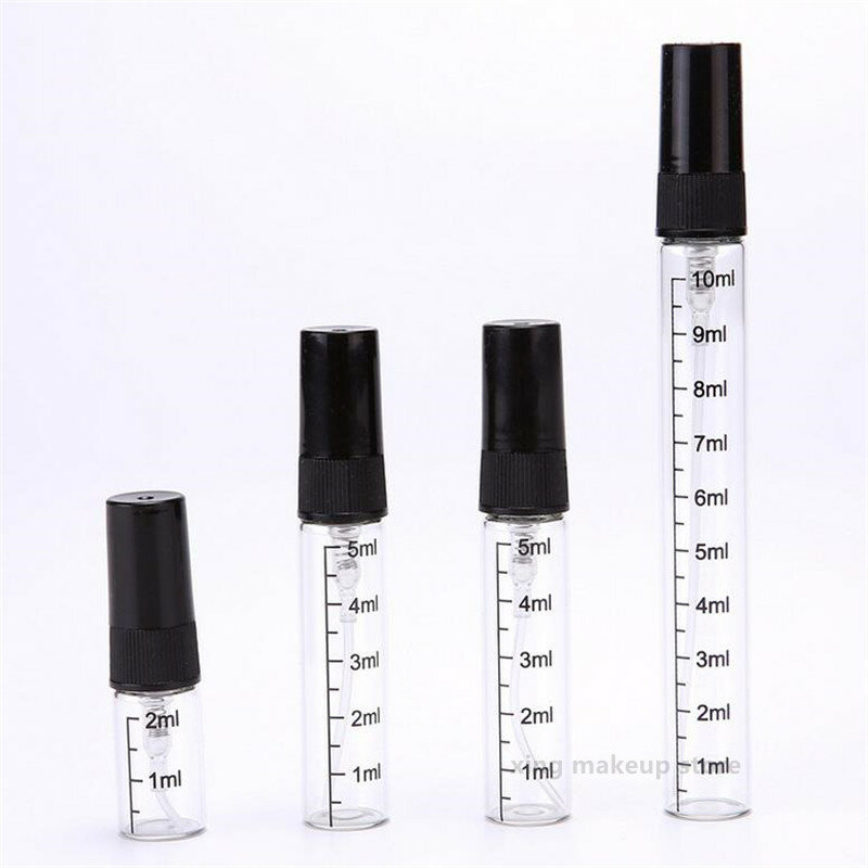 Botella de Perfume de vidrio negro con escala, pulverizador de niebla de muestra, botella atomizadora, viales de vidrio fino 4 #, 2ml, 5ml, 10ml, 10/100 Uds.