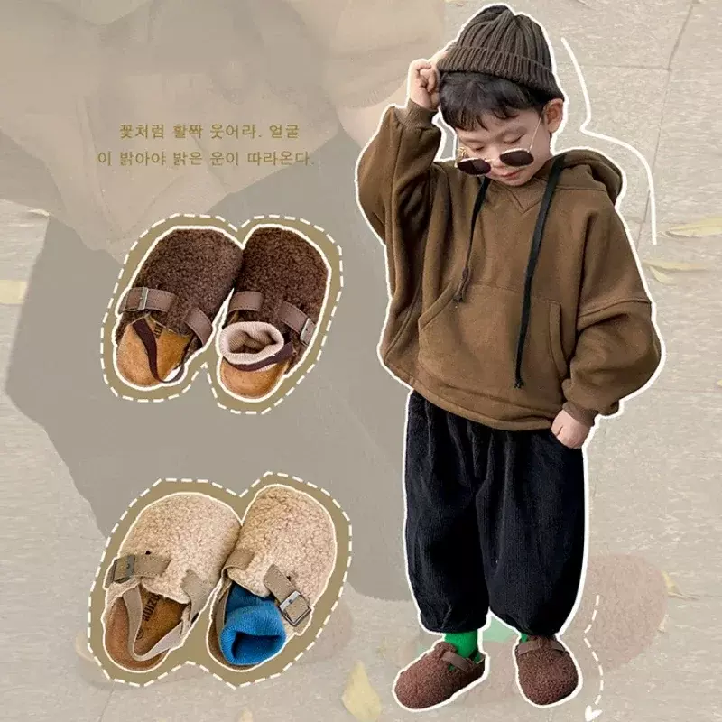 Sandal bulu elastis anak-anak, Kasut sol lembut hangat musim dingin untuk bayi laki-laki dan perempuan