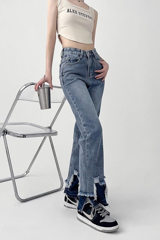 Jeans reto feminino de cintura alta, calça jeans com retalho, calça larga casual, perna larga Y2K, rua alta, vintage e grunge, 2023