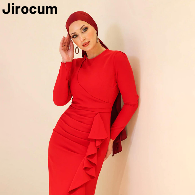 Jirocum O Neck Long Sleeve Muslim Prom Dress Women Hijab Evening Gown Long Satin Floor Length Arabic Special Occasion Dresses