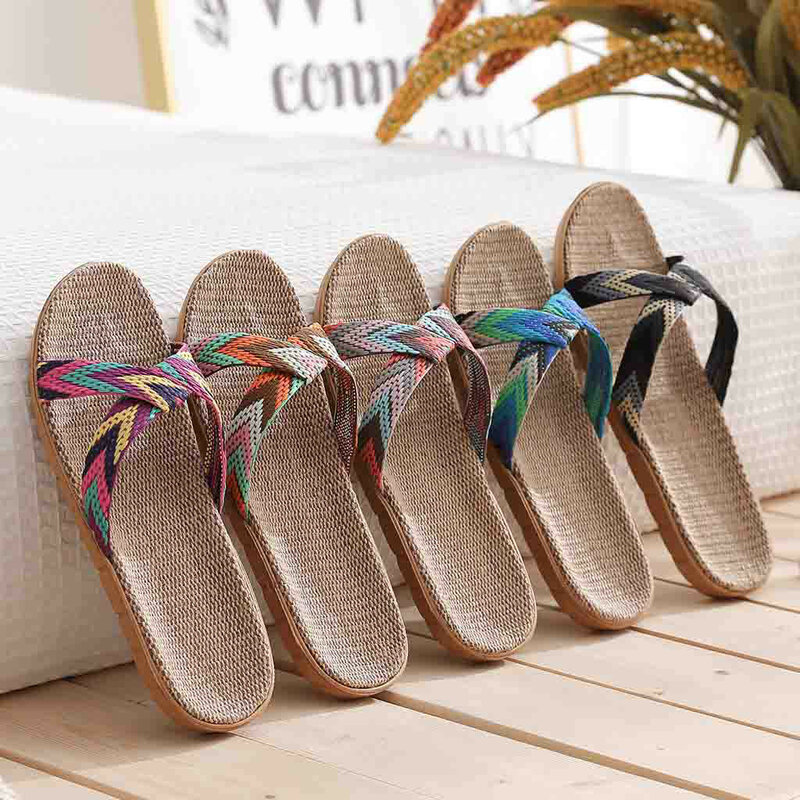 Sandales plates en lin pour femmes, pantoufles d'été légères et décontractées pour la maison, grande taille