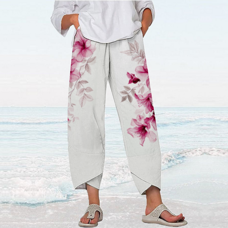 Calças estampadas com flores femininas, streetwear elegante, calças de praia, moletom solto, corredores capri, roupas Y2K, verão