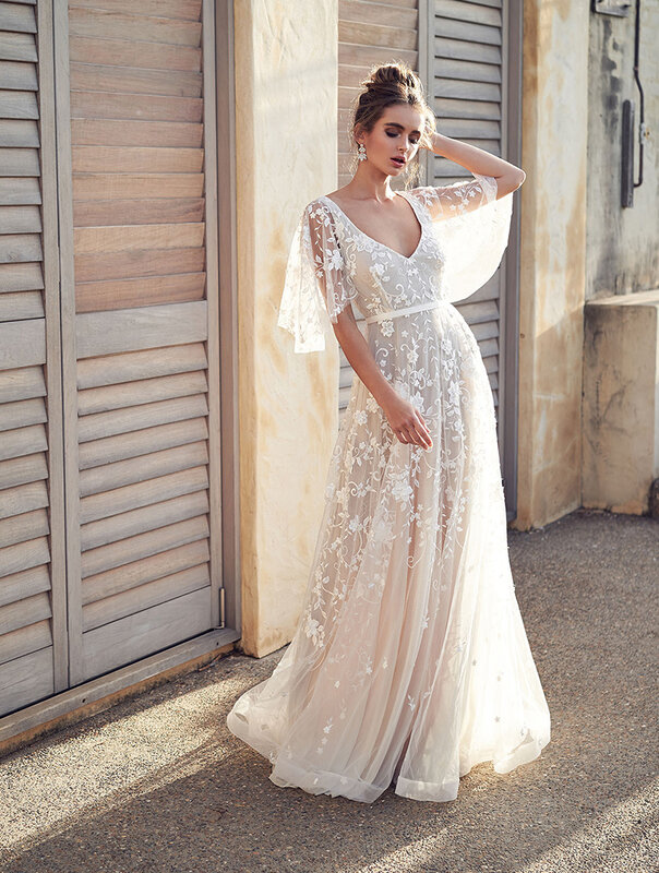 Женское кружевное свадебное платье, Элегантное Белое Облегающее Платье с расклешенными рукавами и глубоким V-образным вырезом, расшитое пайетками, для выпускного вечера