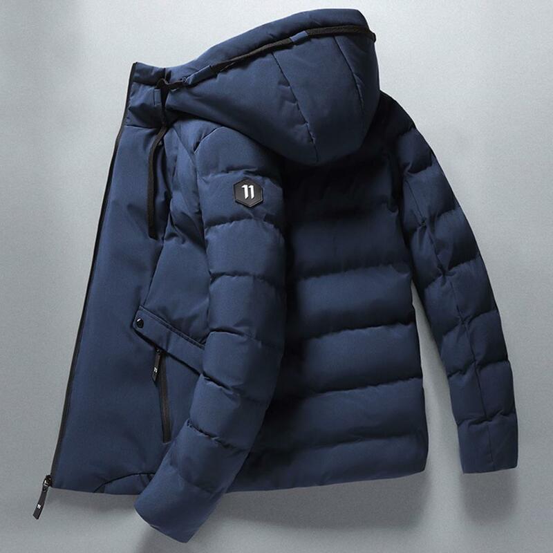 Mantel katun bertudung warna polos, mantel katun tahan angin berkerudung, mantel tebal hangat dengan saku ritsleting musim dingin untuk pria