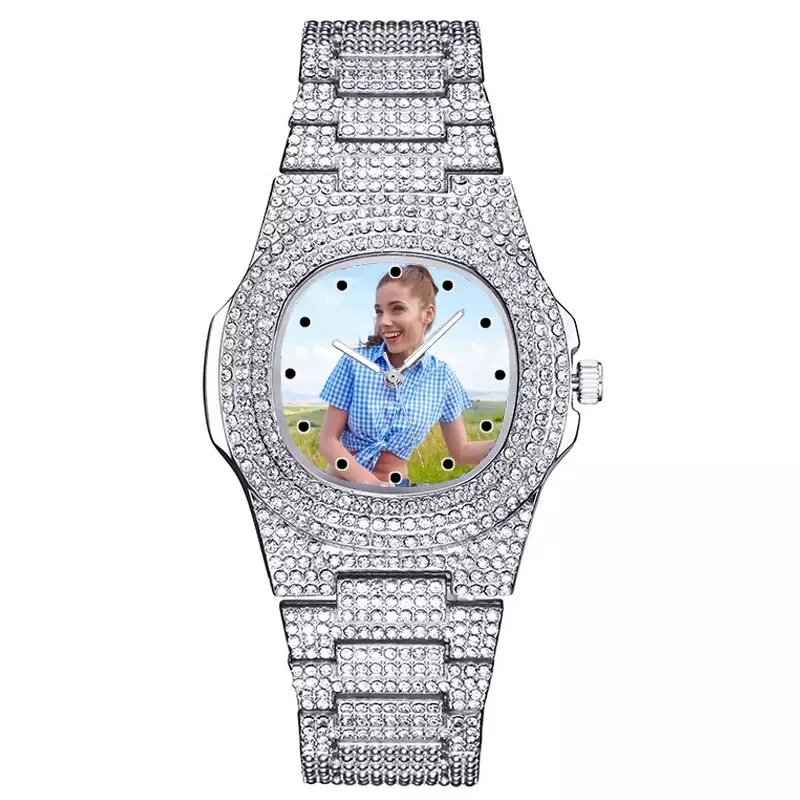 Anpassen Foto Unisex Uhr Design Logo Druck Logo auf Uhr Zifferblatt Bild druck Luxus Strass Armbanduhr für Männer und Frauen