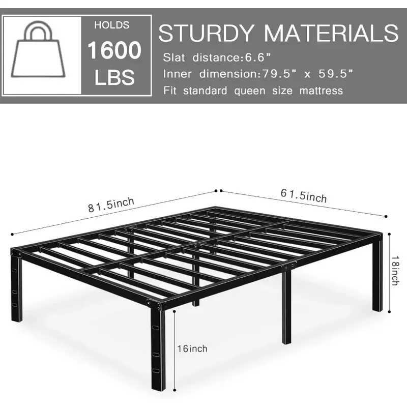 18" bed frame, high bed frame height without box springs, with storage metal platform size