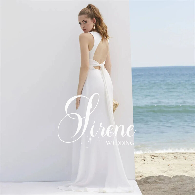 Sirene-vestido de noiva sereia, vestido de cetim sexy com cinta de espaguete, simples, profundo v-colar, lace-up, sem encosto, até o chão, vestido praia