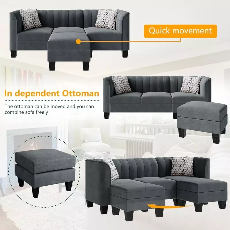 Pequeno sofá de linho sofá para sala, 3 lugares em forma de L sofá, braço alto, tecido cinza escuro