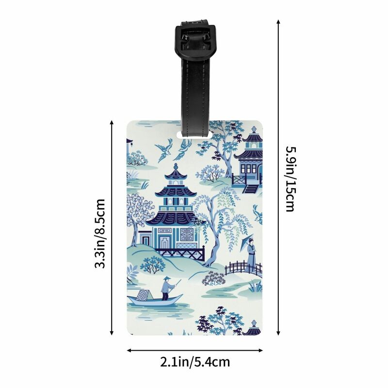 Tag bagasi perlengkapan Dedalu Antik biru Pagoda kustom untuk koper gaya Oriental penutup tag bagasi nama kartu ID