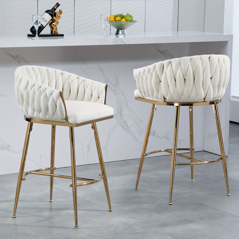 26'' Counter Height Bar Stools Set Of 2, Velvet Kitchen Island Counter Bar Stool With Hand- Wave Back, Golden Chromed Base And F