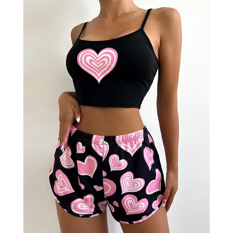New Style 2 Pieces Casual Heart Print Spaghetti Strap Pajamas Set Women Crop Top & Short Sets Sleepwear Lady Home Loungewear