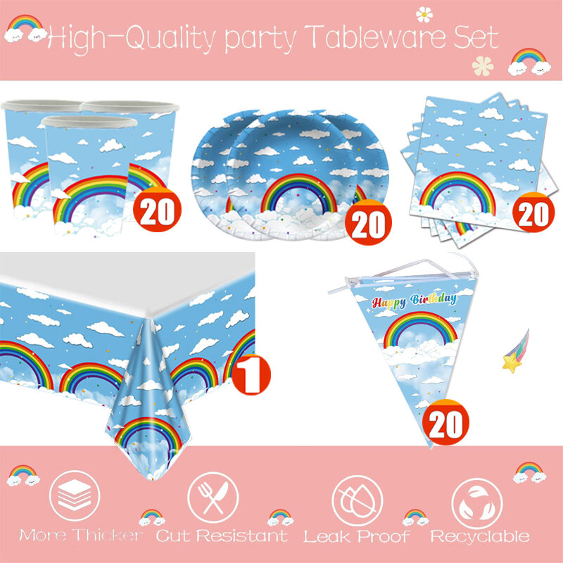 20 decorazioni per feste arcobaleno Set cielo blu Baby Shower festa di compleanno stoviglie piatti tovaglioli Banner tovaglia forniture per feste