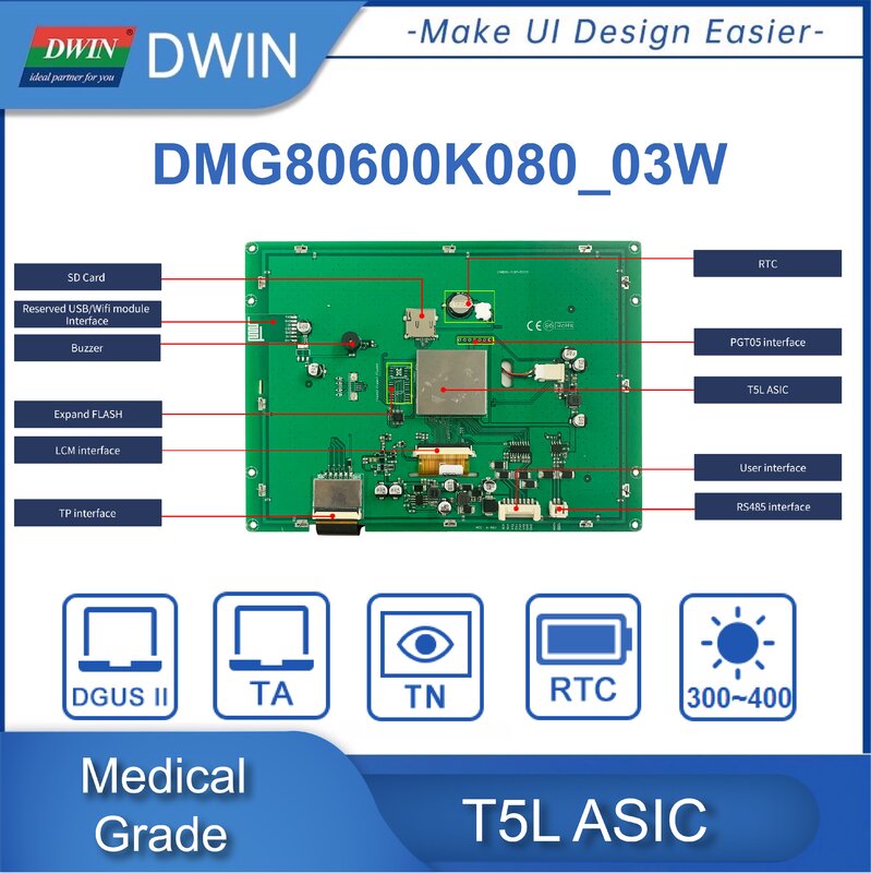 DWIN 8,0 дюймов 300-700Nit медицинский разрешение 800*600/1024*768 UART последовательный RS232 и 485 TFT ЖК сенсорный дисплей модуль экран HMI
